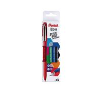 Pentel iZee BX460 Pochette de 4 Stylos bille capuchon avec clip métal, Pointe large 1 mm, Noir/Rouge/Bleu/Vert