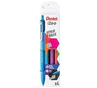 Pentel iZee BX470/4EASY Pochette de 4 stylos-bille rétractables avec clip en métal Noir/rouge/bleu ciel/violet