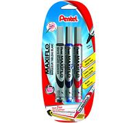 Pentel Maxiflo Lot de 3 marqueurs tableau blanc Pointe ogive moyenne Encre liquide Noir, Bleu, Rouge
