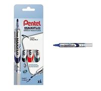 Pentel Maxiflo Pochette 4 Marqueurs tableau blanc Pointe conique moyenne Encre Noir, Bleu, Vert, Rouge & Maxiflo Green Label Marqueur pour Tableau Blanc à Pointe conique Bleu
