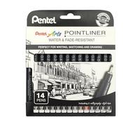 Pentel Pointliner Lot de 14 stylos à pointe fine S20P - 0,03 mm à 3,0 mm - Noir, sépia, sanguine et encre grise