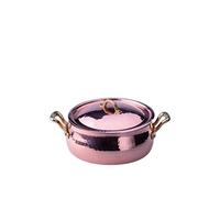 Pentole Agnelli ALCM108MC24 Casserole basse Bombée en cuivre martelé étamé à la main avec 2 poignées en laiton et couvercle, 24 cm