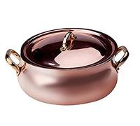 Pentole Agnelli ALCU108C24 Casserole basse arrondie avec deux poignées et couvercle en laiton, cuivre lisse étamé à la main, 24 cm