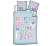 Peppa Pig Parure de Lit Enfant Réversible - Housse de Couette 140x200 cm et Taie d'oreiller 65x65 cm - 100% Polyester Doux - Certifiée Oeko-Tex Standard 100 - Motif Best Day Ever Bleu et Rose