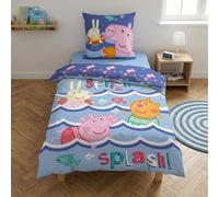 Parure de Lit Peppa Pig Splish Splash - Housse de Couette 140x200 cm + Taie 65x65 cm - Réversible 2 en 1-52% Coton & 48% Polyester - Certifiée Oeko-Tex Standard 100