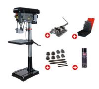 Perceuse à colonne professionnelle jusque ø 30 mm CM3 1,5 kW 400V + étau de perçage jeu de boulons jeu mêches aérosol Torros DF30T PACK