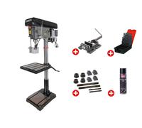 Perceuse à colonne professionnelle jusque ø 32 mm CM4 1,5 kW 230V + étau de perçage jeu de boulons jeu mêches aérosol Torros DF34M PACK