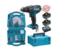 Perceuse visseuse à percussion Makita 18V 62Nm DHP482 + 2 batt 5 Ah + coffret 71 accessoires perçage vissage D-47145