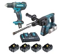 Perceuse visseuse DDF482 + Perforateur burineur SDS-PLUS DHR264 - MAKITA - avec 4 batteries 18V 4.0Ah + chargeur double - LOT0234