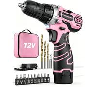 Perceuse Visseuse Sans Fil 12V Rose, Visseuse Devisseuse, Sac de Rangement, 15 Accessoires et Batterie, 25Nm, 18+1 Réglages de Couple, 2 Vitesse, Rose, pour la Bricolage Saint-Valentin