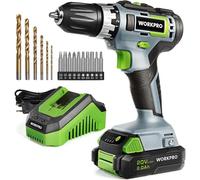 Perceuse Visseuse sans Fil 18V WORKPRO avec Mandrin 3/8'', 2 Vitesses, Reglage de Couple 18 + 1, Charge Rapide 1H, Visseuse Devisseuse avec Batterie au Lithium-ion 2,0Ah et 16 Accessoirs