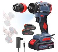 Perceuse-visseuse sans fil - 21 V, moteur sans balais - Couple de 55 Nm - 2 vitesses - Vitesse variable - Éclairage LED - Sens de rotation avant/arrière - 2 batteries