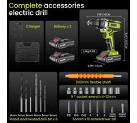 Perceuse-visseuse sans fil 21 V - Percuteur/visseuse - Marteau-perceuse électrique - Batterie lithium-ion, recharge rapide - Coffret comprenant 2 batteries