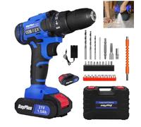 Perceuse Visseuse Sans Fil 21V - 1 Batteries 1.5Ah, 45Nm Couple Max, 2 Vitesses, Mandrin Auto-Serrant 10mm, 25+1 Positions, 26 Accessoires, LED, Mallette de Rangement,Bleu