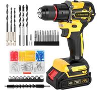 Perceuse Visseuse Sans Fil Brushless 21V KELNOW, Perceuse Percussion 60 Nm, Batterie 2,0 Ah, Mandrin Métal 10 mm, 2 Vitesses 25+3 Couples, Visseuse Dévisseuse avec 87 Accessoires Bricolage (Jaune)