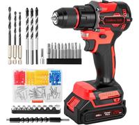 Perceuse Visseuse Sans Fil Brushless 21V KELNOW, Perceuse Percussion 60 Nm, Batterie 2,0 Ah, Mandrin Métal 10 mm, 2 Vitesses 25+3 Couples, Visseuse Dévisseuse avec 87 Accessoires Bricolage (Rouge)