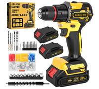 Perceuse Visseuse Sans Fil Brushless 21V, Perceuse Percussion 60 Nm, 2 Batteries 2.0Ah, Mandrin Métal 10 mm, 2 Vitesses 25+3 Couples, Visseuse Dévisseuse avec 87 Accessoires Bricolage (Jaune)
