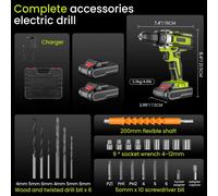 Perceuse-visseuse sans fil, perceuse-visseuse à batterie - 21V, perceuse sans fil - 2 vitesses - 25+3 réglages de couple - inclut une batterie - couleur verte