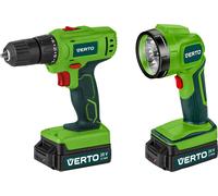 Perceuse-visseuse sans fil VERTO 2 x 20V, Li-Ion/1,5Ah, plage de vitesse I : 0-400 tr/min, II : 0-1500 tr/min, mandrin 0,8-10 mm, charge de batterie 1 h, frein de broche, coffret de transport, lampe d