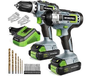 Perceuses Combi WORKPRO 20V avec 2 Batteries 2,0Ah, Perceuse Visseuse sans Fil a Double Vitesse avec 18+1 Couple, et Visseuse a Choc 130Nm, Charge Rapide en 1H, 16 Accessoires Compris