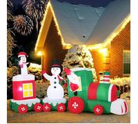 Père Noël au Volant Train COSTWAY, Bonhomme de Neige, Pingouin, Lumières LED, Décoration Gonflable de Noël Intérieur Extérieur
