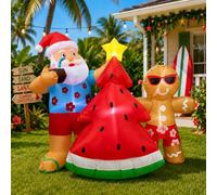 Père Noël gonflable de 1,5 m en juillet, Père Noël hawaïen avec pastèque et bonhomme en pain d'épices, décoration de cour gonflable pré-éclairée avec lumières LED pour pelouse et jardin