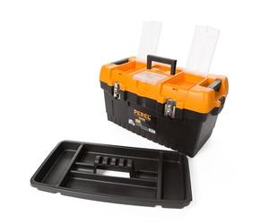 Perel boîte à outils 54 litres, grand coffre de rangement avec bac amovible, 3 organiseurs dans le couvercle, fermetures métalliques, poignée rabattable, noir orange 56,4 x 31 x 31 cm