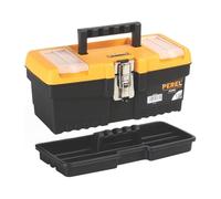 Perel Boîte à outils 6,8 L compacte – bac amovible, 2 organiseurs, fermeture métal, noir/orange