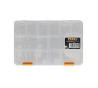 Perel Boîte d’assortiment, boîte de rangement en plastique, 15 compartiments fixes, entièrement transparente, empilable, format compact, pour vis écrous clous, petites pièces, hobby et atelier