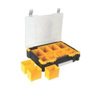 Perel Boîte d’assortiment, mallette de rangement en plastique avec 12 bacs amovibles, couvercle transparent, empilable, poignée et fermetures en aluminium, pour vis écrous clous et petites pièces
