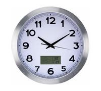Perel Horloge Murale, Rond, analogique, 35 cm, écran LCD avec thermomètre, hygromètre et provisions météo, Aluminium, Argent