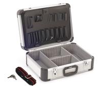 Perel Mallette à outils vide, valise outils vide, mallette de rangement, valise transport, compartiments individuels, poches à outils, verrouillable, 2 clés in luminium, bandoulière, gris, 460 x
