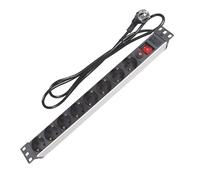 Perel Multiprise PDU 8 prises Schuko type F avec interrupteur et protection surtension, câble H05VV-F 3G1.5 de 2,15 m, 3680 W, répartiteur d’alimentation pour baie 19 pouces, armoire serveur et bureau