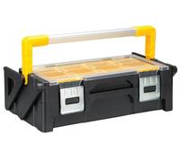 Perel Organiseur à outils, polypropylène, 2 niveaux, avec poignée en aluminium, système cantilever, protection anti-basculement, 18 godets, fermetures métalliques, noir/jaune, 455 x 240 x 140 mm