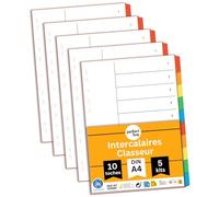 perfect line 5 pièces, 10 intercalaires DIN-A4 couleur avec page de garde (5x10), 22,3 x 29,7 cm, séparateurs registre, 5 coloris différents, organisation parfaite dans le bureau pour classeur