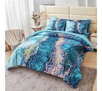 PERFEMET Parure de lit 6 pièces avec Couette en Forme de marbre Bleu Sarcelle et doré - Motif Aquarelle - Style Artistique rétro - Lit dans Un Sac - Grand lit (Bleu Sarcelle)