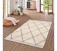 Pergamon Boho - Tapis Shaggy à Poils Longs - Motif Diamant créme - 5 Tailles Disponibles