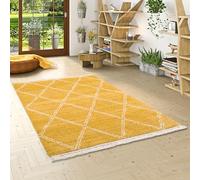 Pergamon Boho - Tapis Shaggy à Poils Longs - Motif Diamant Jaune Curry - 5 Tailles Disponibles