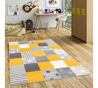 Pergamon Samba - Tapis pour Enfants et Jeunes - Étoiles à Carreaux Jaune Gris - 5 Tailles