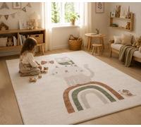 Pergamon Tapis Enfant Happy Kids Animal Rainbow Crème - Tapis de Jeu Doux avec Chat & Arc-en-Ciel pour Chambre d’Enfant & Bébé