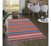 Pergamon Tapis Kilim en Coton tissé à la Main Grace - Multicolore Turquoise Terre Cuite - Tapis Facile d'entretien et Durable - Idéal pour Le Salon, Le Couloir et la Cuisine - Tapis Naturel Durable