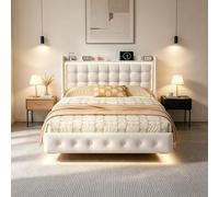 PerGar Lit double rembourré, 140 x 200 cm, avec éclairage LED et USB, cadre de lit double, moderne, avec sommier à lattes, effet visuel flottant, en velours, sans matelas, blanc, 140 x 200 cm