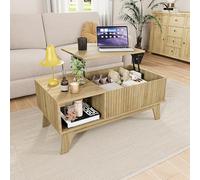 PerGar Table basse réglable en hauteur en chêne avec espace de rangement | Plan de travail relevable, compartiment caché et étagère ouverte, design rainuré, table de canapé aspect bois solide pour