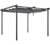 Pergola autoportante KIBA, dimensions 3 x 3 mètres, avec toit escamotable, de couleur gris anthracite, structure en acier avec revêtement par poudre, et tissu en polyester résistant à l'eau