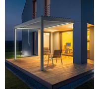 Pergola avec éclairage sur les poteaux et le toit, rubans LED, pergola bioclimatique adossée, manuel, aluminium, 1000x1600 mm