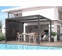 HABRITA Pergola bioclimatique en aluminium PER3630RBI - Rideau manuel - Gris pour côté 3 m