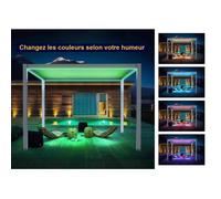 Pergola bioclimatique 3x3,60m avec éclairage, rideaux brise vue et moustiquaires
