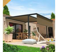 Pergola Toile Pyrite 4,00x4,00 M Motorise Secours À Télécommande + Coffre Led + Lambrequin (Gris Anthracite - Taupe) Gris