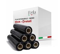 Perle, 6 rouleaux de film extensible emballage, film noir pour emballage, bobine poids 2,4 kg, hauteur 50 cm, épaisseur 23 mycron, rouleau de film multi-usage extra résistant pour l'expédition et le