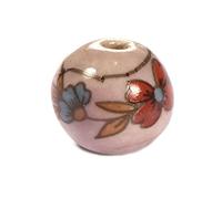 Perle céramique boule décorée rose avec fleur rouge et bleu diam. 15mm. 50u.